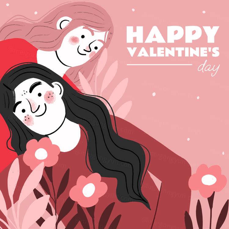 高质量手绘浪漫情人节七夕女同性恋情侣人物插画EPS矢量设计素