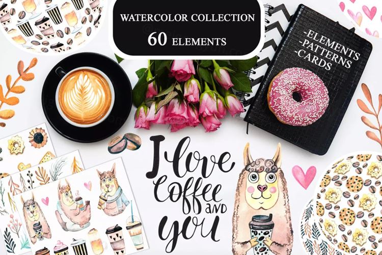手绘水彩风格的可爱咖啡图案背景大集合