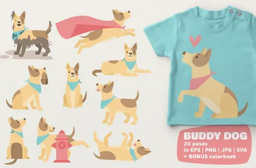 Dog Bundle 不同姿势的彩色可爱狗狗矢量插图PNG免