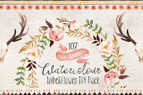 部落风花卉与叶子水彩图案剪切画 Watercolour Tr