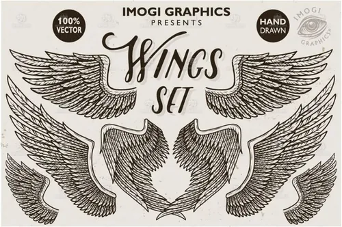 酷炫的手绘矢量翅膀素材下载Hand Drawn Vector Wings Set