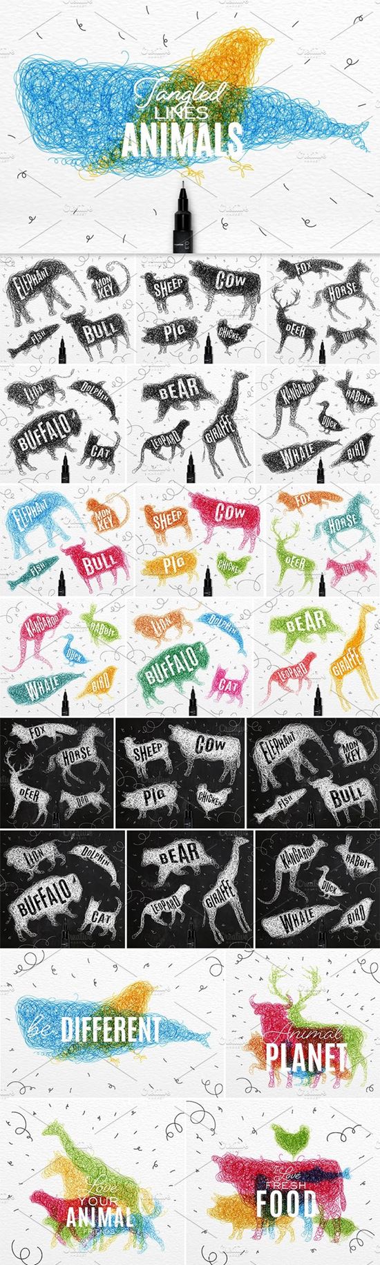 绒线编织动物矢量图形 Animals tangled lin