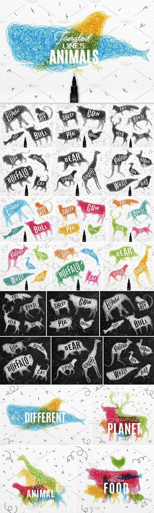 绒线编织动物矢量图形 Animals tangled lin