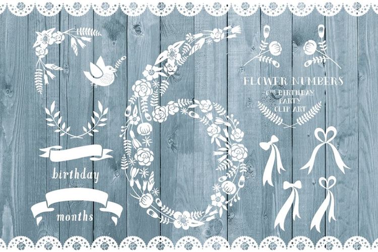 灰蓝色乡村木制背景生日派对邀请函模板 Floral number six card invite