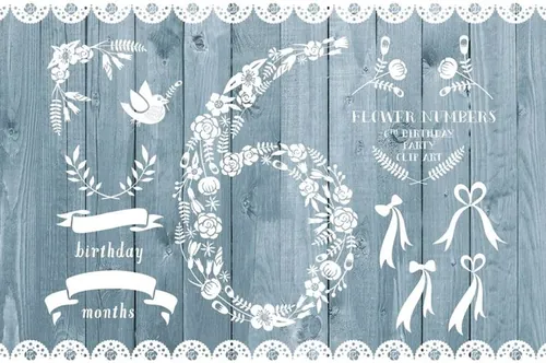 灰蓝色乡村木制背景生日派对邀请函模板 Floral number six card invite