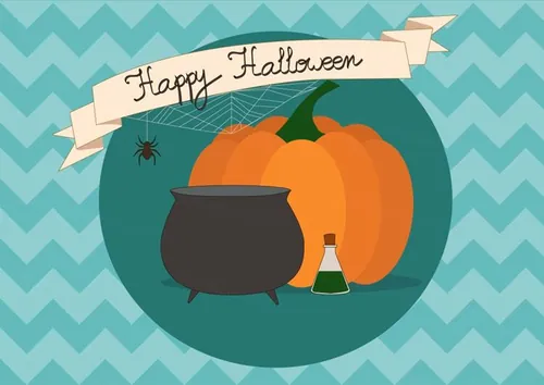 万圣节南瓜插画 pumpkin,kettle on blue background