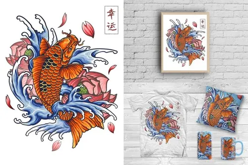 日本浮世绘风格的中国风锦鲤纹身矢量插画设计