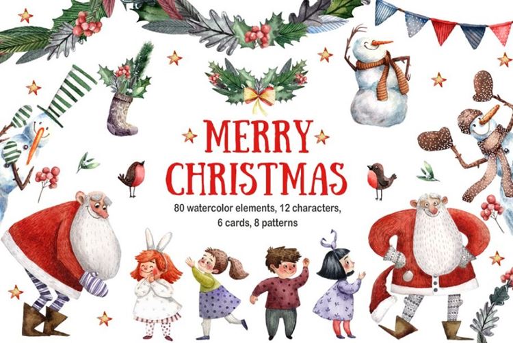 手绘圣诞快乐水彩插画amp;amp;图案合集