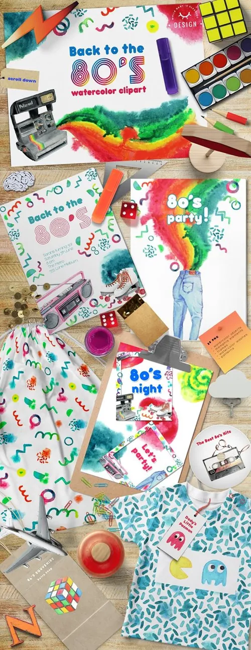 80后复古物品的水彩风格素材合辑下载Retro 80s Watercolor Clipart
