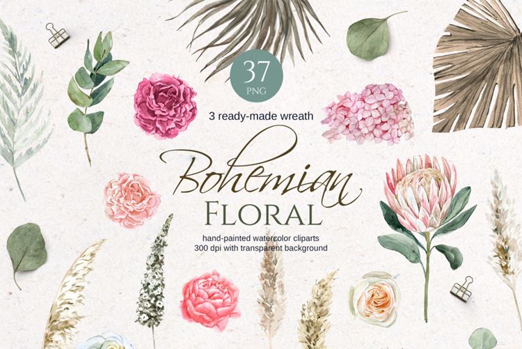美丽的波西米亚风格水彩花卉婚礼请柬手绘插画素材 Boho W