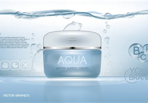 蓝色化妆护肤品水漾保湿润肤面霜广告海报矢量设计素材Moisturizing cosmetic ads