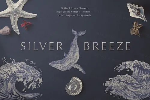 银色海洋生物手绘元素插画合集