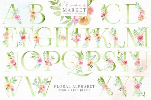 手绘水彩花卉和花卉字母设计素材 Flower-Market-