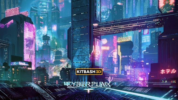 未来派赛博朋克AI全息科幻城市楼房街道建筑3D模型素材 Ki