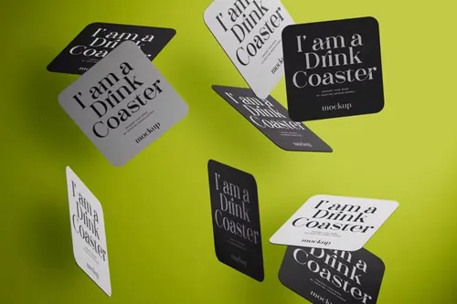 漂浮的饮料杯垫餐饮品牌设计展示样机模板 Flying Dri