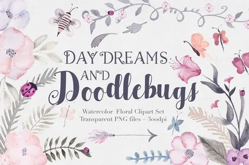 梦幻水彩手绘艺术花卉树叶插画 Doodlebug Clipa