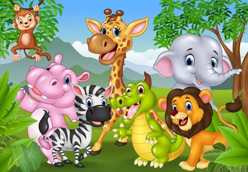 丛林中的卡通野生动物动画片场景矢量插图背景设计素材Animal