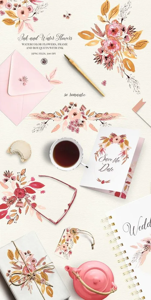 彩色水墨花卉插画设计素材 Ink and Water Flo