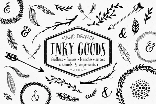手绘树枝羽毛油墨剪贴插画 Inky Goods Vector