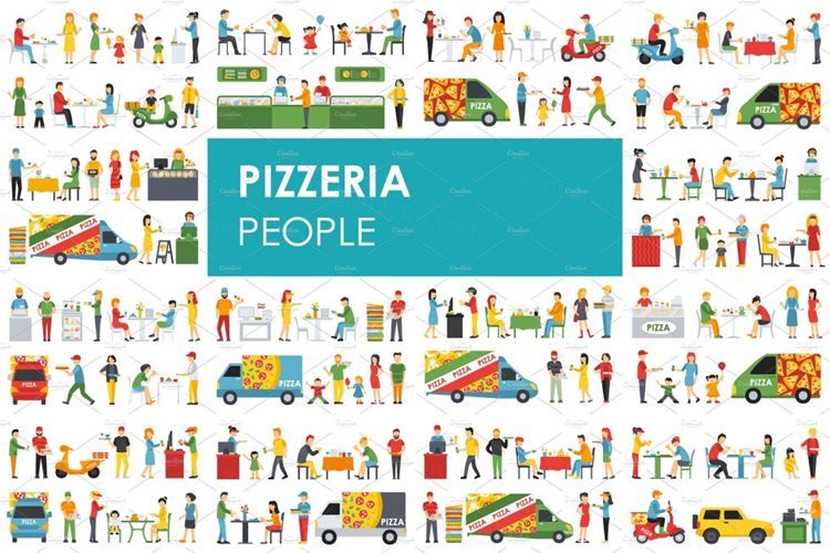 51人员吃披萨形象扁平化设计矢量插画 Pizzeria  f