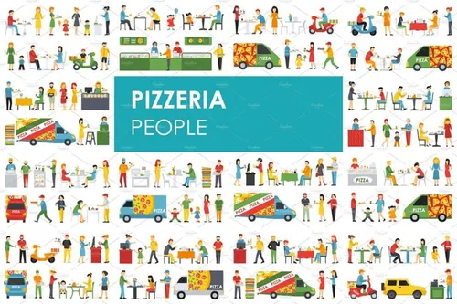 51人员吃披萨形象扁平化设计矢量插画 Pizzeria  f