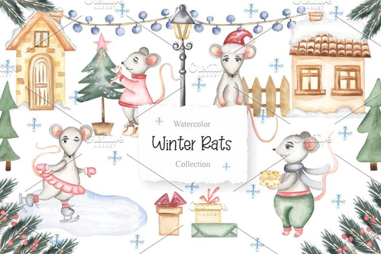 冬季圣诞水彩老鼠插画素材合集