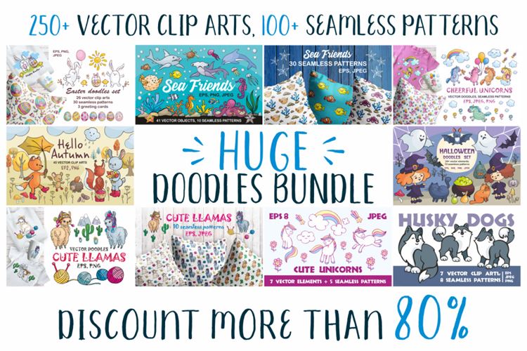 卡通元素涂鸦风格矢量剪贴画和无缝图案巨无霸素材集