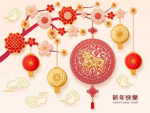 2021年中国风桃花花朵中的金色牛传统新年EPS矢量插画贺卡海报横幅素材