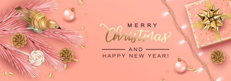 粉色金色系列圣诞节装饰新年促销海报EPS矢量模板素材