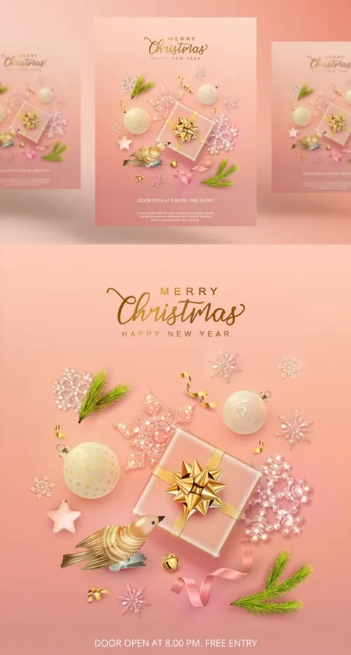 粉色金色系列圣诞节装饰新年促销海报EPS矢量模板素材