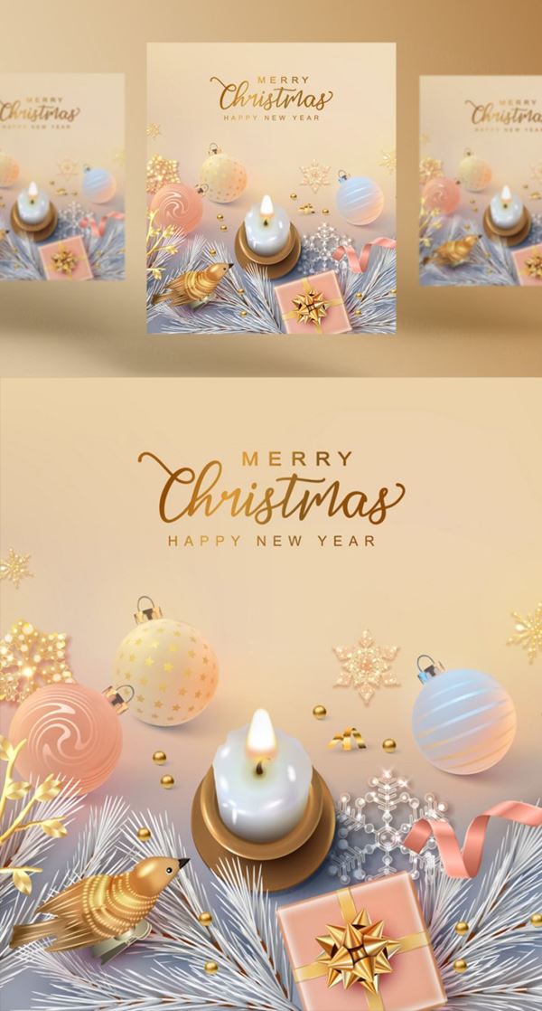 粉色金色系列圣诞节装饰新年促销海报EPS矢量模板素材
