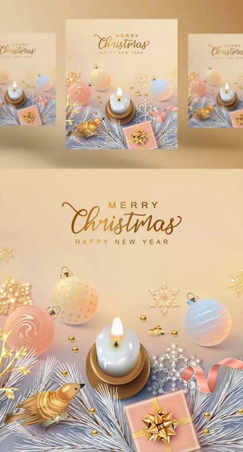 粉色金色系列圣诞节装饰新年促销海报EPS矢量模板素材