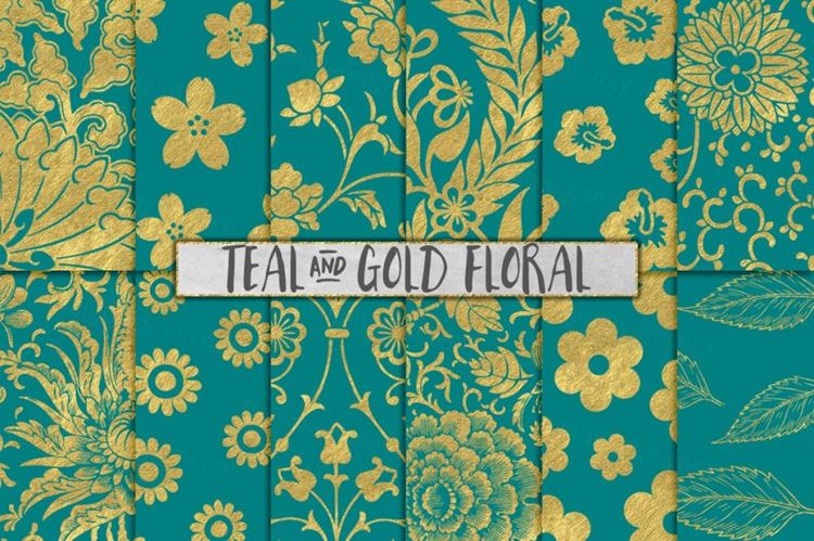 深青色和金花背景纹理素材 Teal and Gold