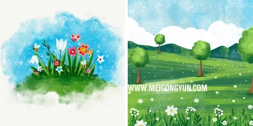 矢量春季春天湖泊田园水彩插画元素Field flower v