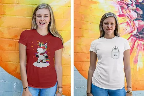 8个城市背景的彩色女性t恤模板 Women Urban T-Shirt Mockups