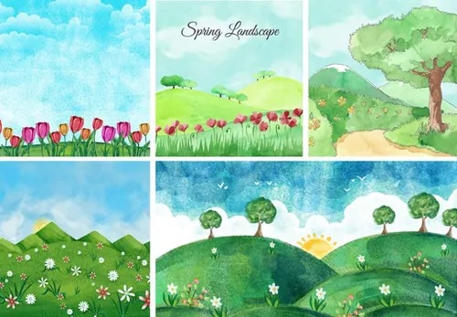 矢量春季春天湖泊田园水彩插画元素Field flower v