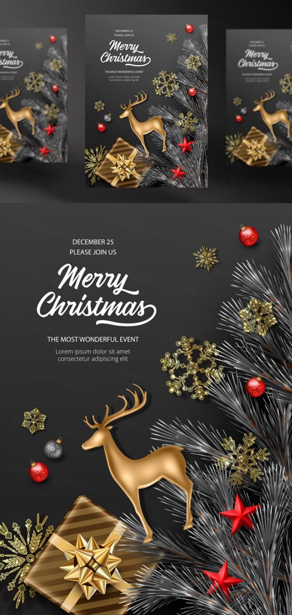 2021年黑金圣诞节新年装饰贺卡EPS矢量海报素材 Merry christmas greeting card