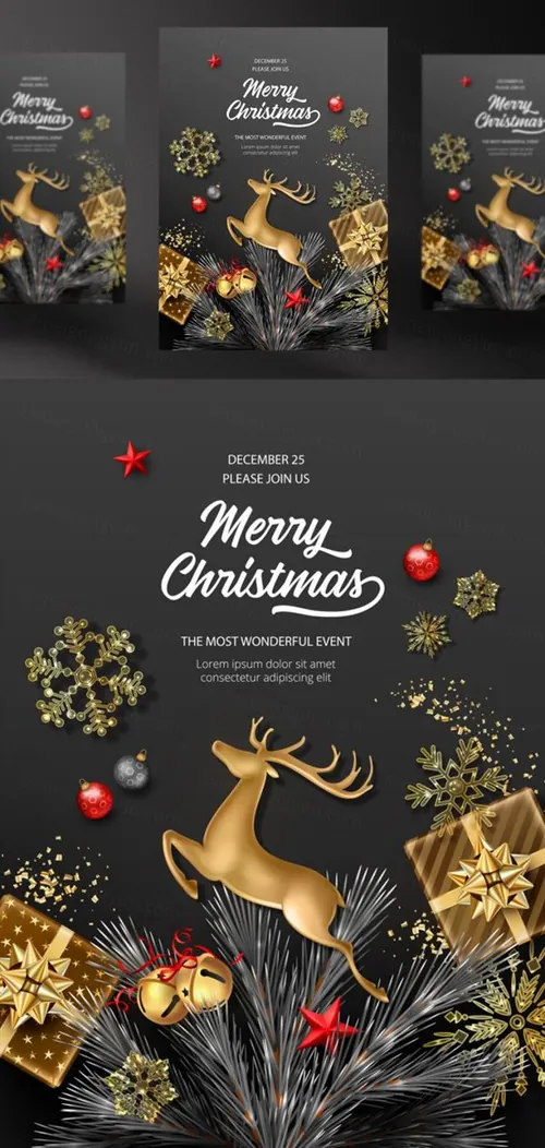 2021年黑金圣诞节新年装饰贺卡EPS矢量海报素材 Merry christmas greeting card
