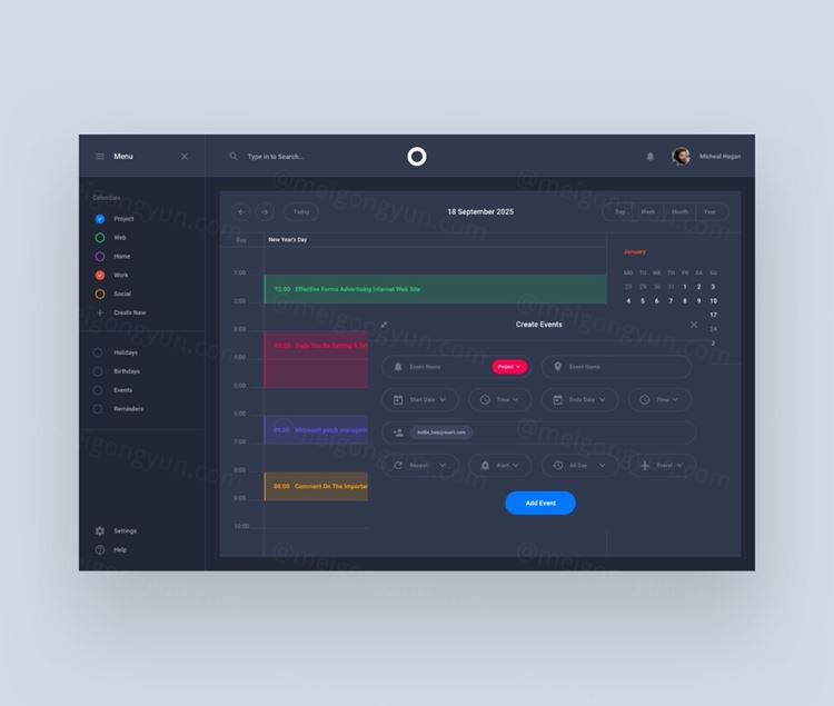暗黑系后台管理日历页面模版素材 Adobe Xd Dark