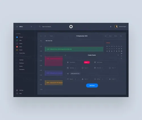 暗黑系后台管理日历页面模版素材 Adobe Xd Dark