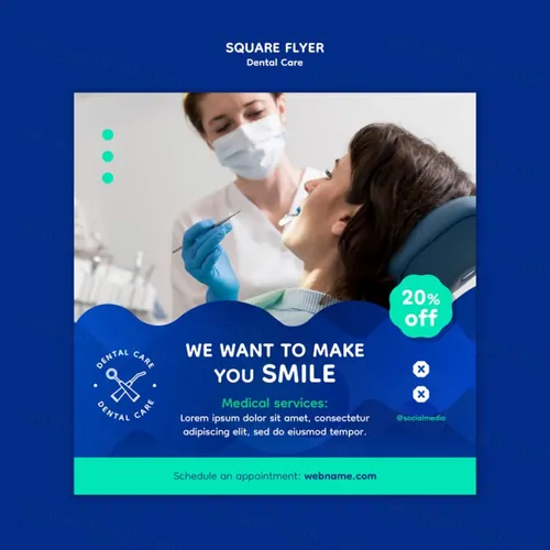 蓝色牙科保健口腔卫生医院健康方形宣传单海报设计模板素材 Dental care template
