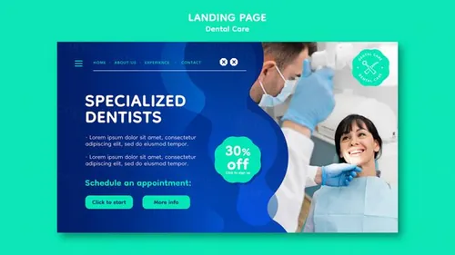 蓝色牙科保健口腔卫生医院健康落地页横幅海报设计模板素材 De