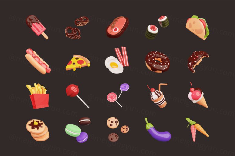 三维渲染卡通快餐零食图标素材 Food Supplies 3D Ico