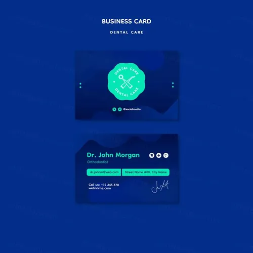 蓝色牙科保健口腔卫生医院健康医生名片品牌设计模板素材 Den