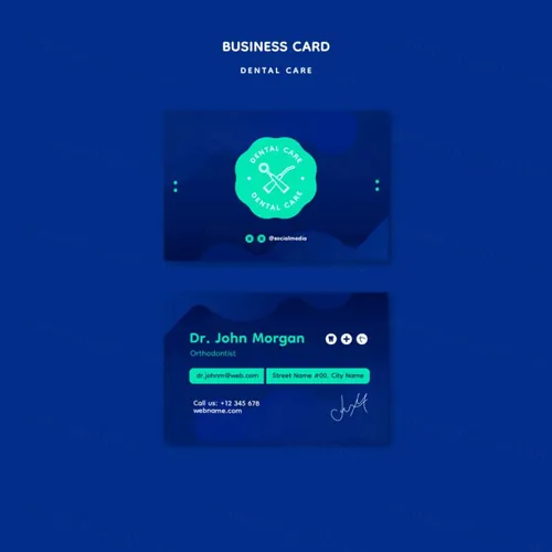 蓝色牙科保健口腔卫生医院健康医生名片品牌设计模板素材 Dental care template