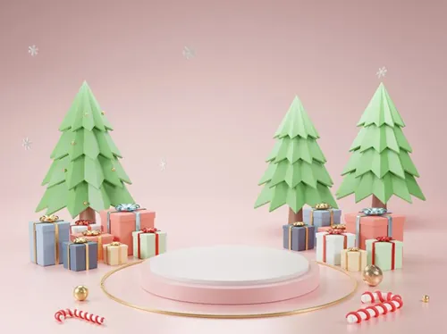 可爱卡通圣诞树新年圣诞节装饰元素3D渲染合成高清背景 3d rendering of a christmas