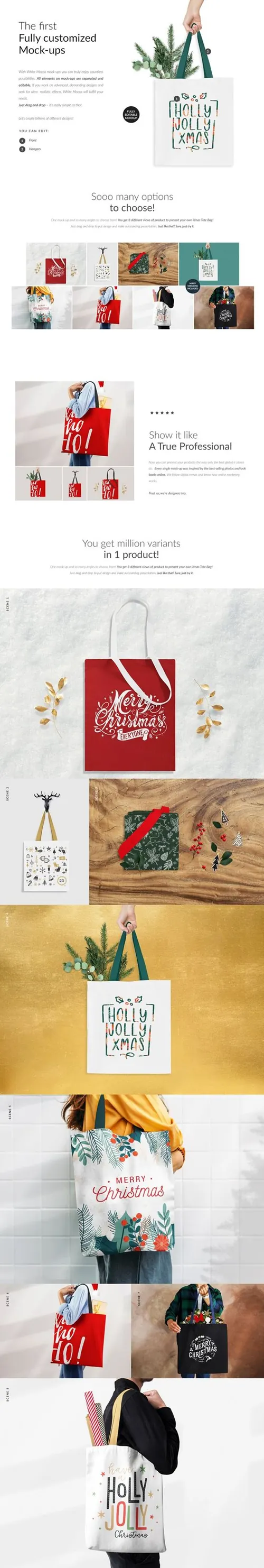 圣诞手提袋购物袋帆布袋品牌包装设计提案样机模板 Xmas Tote Bag Mock-ups