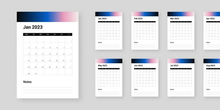 高质量时尚渐变2023年新年日历EPS矢量模板素材 Grad