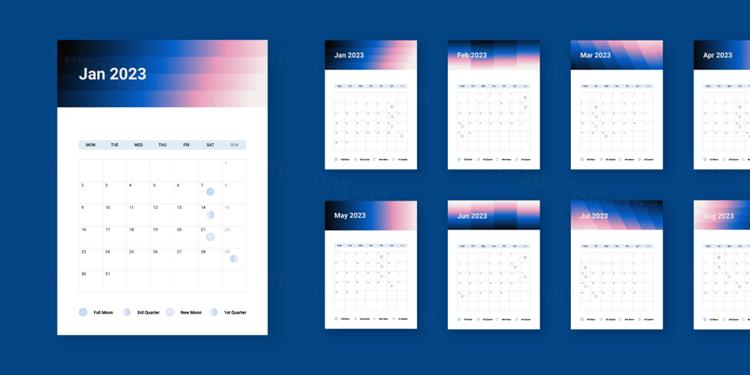 高质量时尚渐变2023年新年日历EPS矢量模板素材 Grad