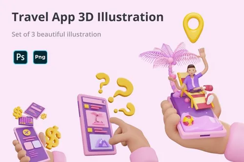 三维渲染卡通旅行移动界面插画3D素材 Travel App